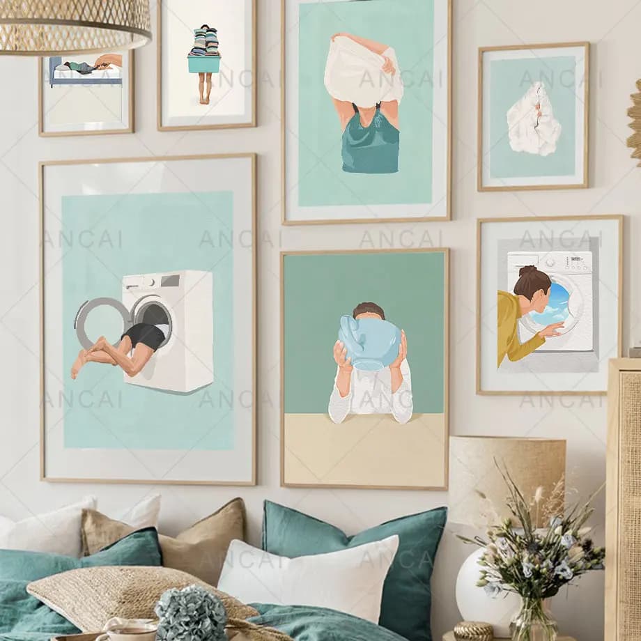 Quadro da parete con lavatrice, vasca da bagno e asciugacapelli, pittura diamantata, poster nordico, immagini per decorare il soggiorno