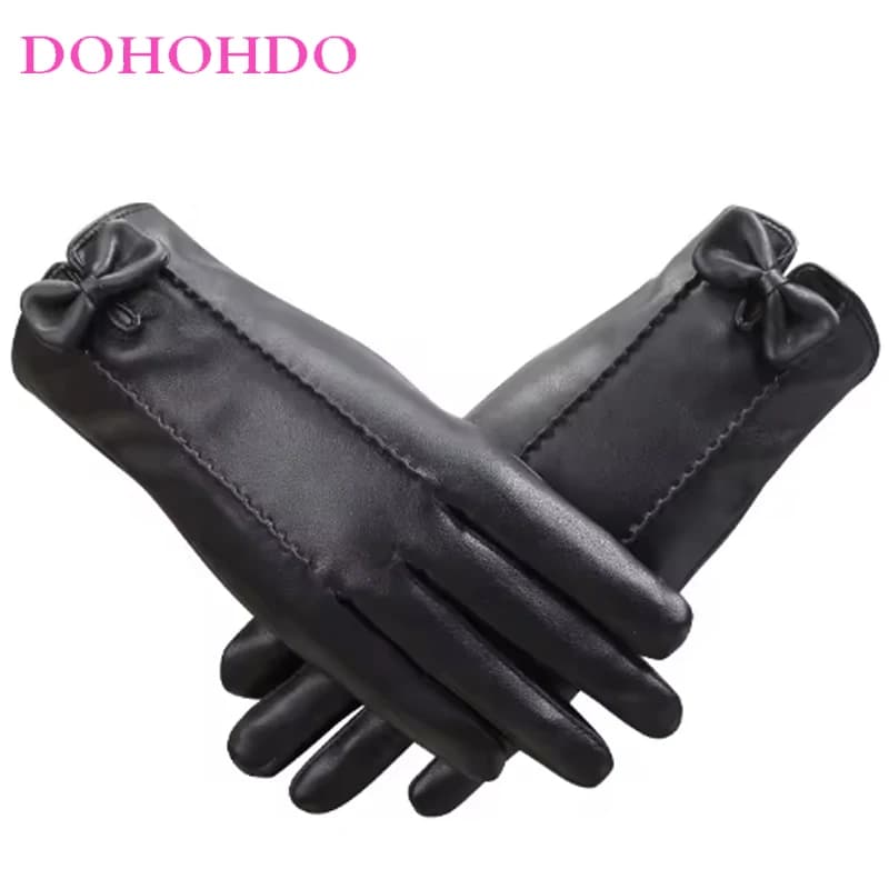 Nuovi Guanti Invernali da Donna in Pelle PU con Touch Screen, Foderati in Velluto, Caldi per Ciclismo e Guida, Eleganti con Fiocco, Guanti Neri
