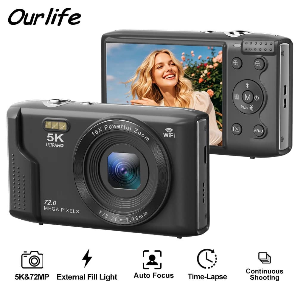 Ourlife Fotocamera digitale compatta 5K 72MP Schermo LCD da 2,8 '' Zoom digitale 16X Fotografia vintage Videoregistratore Vlog YouTube