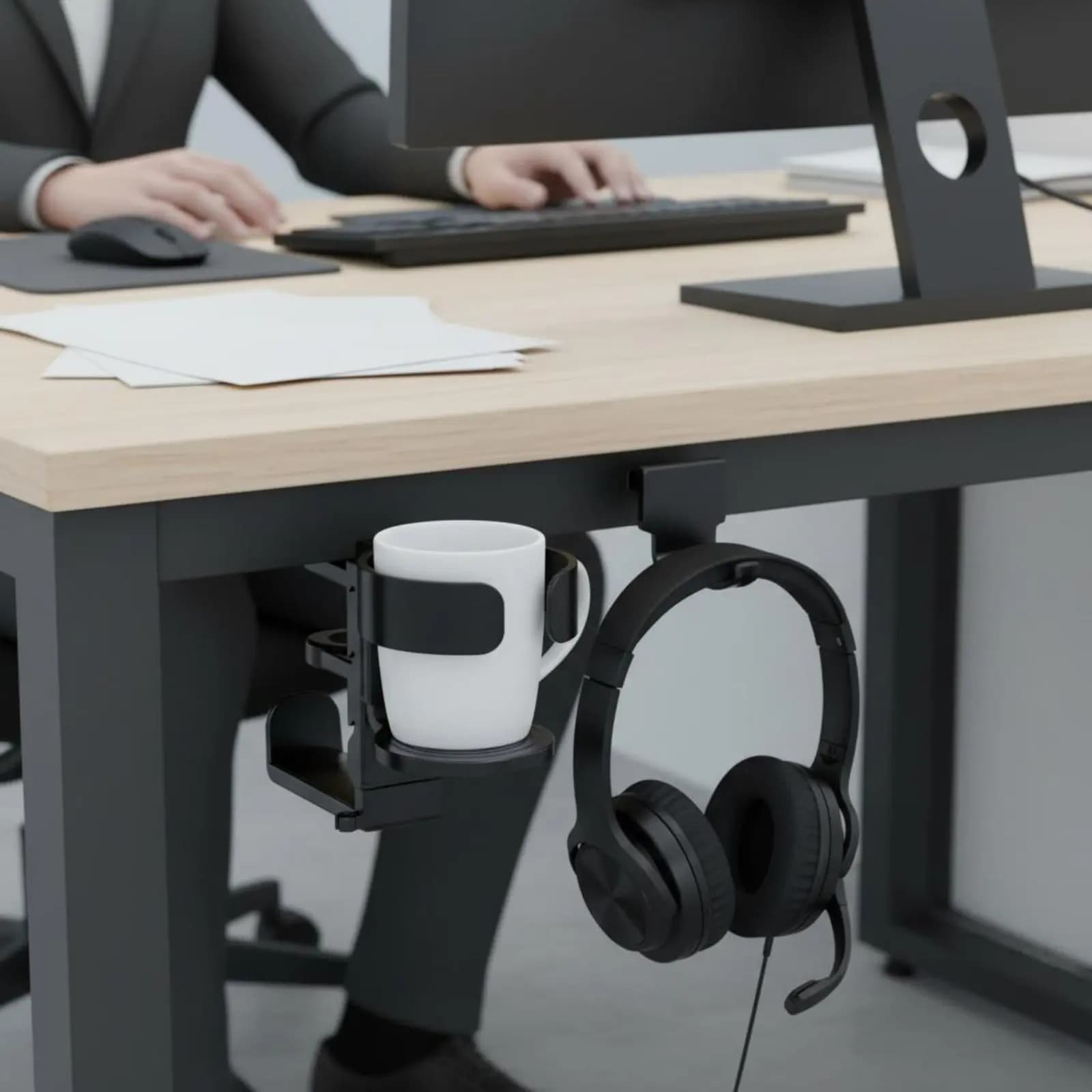Supporto 2-in-1 per Cuffie e Bevande, Salvaspazio, Supporto per Cuffie da Gaming con Portabevande, Morsetto per Supporto Cuffie, Gancio Rotante