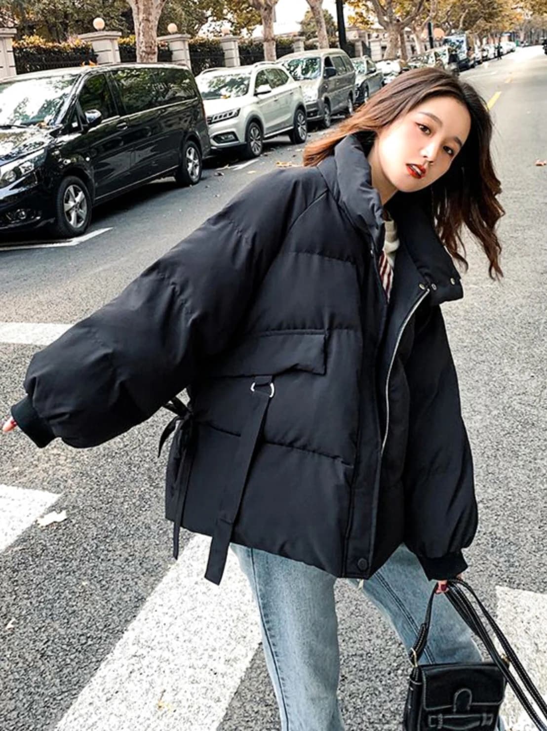 Black Short Lightweight Women's down Jacket Winter Coat Cotton Blend Korean Style Commute Fashion Button Zipper Pocket
