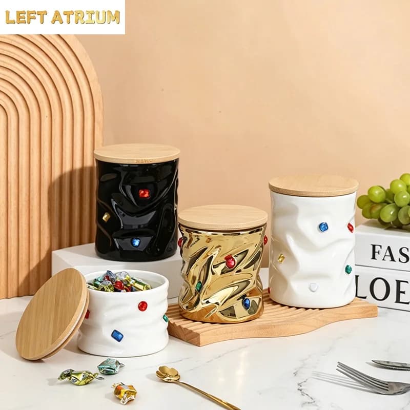 Gemstone Ceramic Jar with Wooden Lid Moisture-proof Tea Caddy Storage Jars Sealed Jar Coffee Bean Can Sugar Jars Storage Bottle