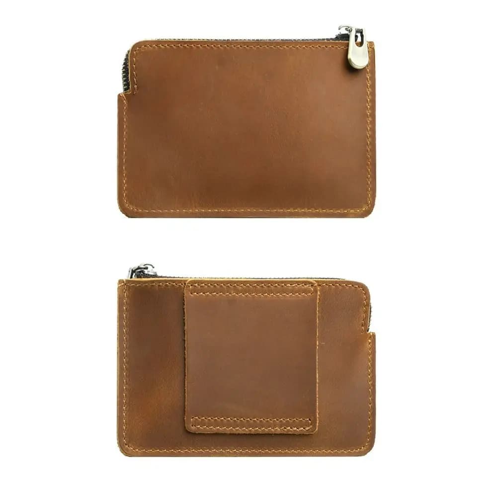Genuine Leather Men's Short Wallet Retro Ultrathin Belt Hanging Money Pouch with Belt Loop Multi Purpose Zipper Coin Purse