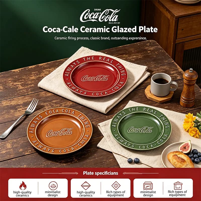 Piatto in Ceramica Coca Cola, Piatto da Insalata, Piatto per Antipasti, Piatto per Frutta Secca, Set di Piatti per Dessert, Lavabile in Lavastoviglie, Adatto per Forno e Microonde
