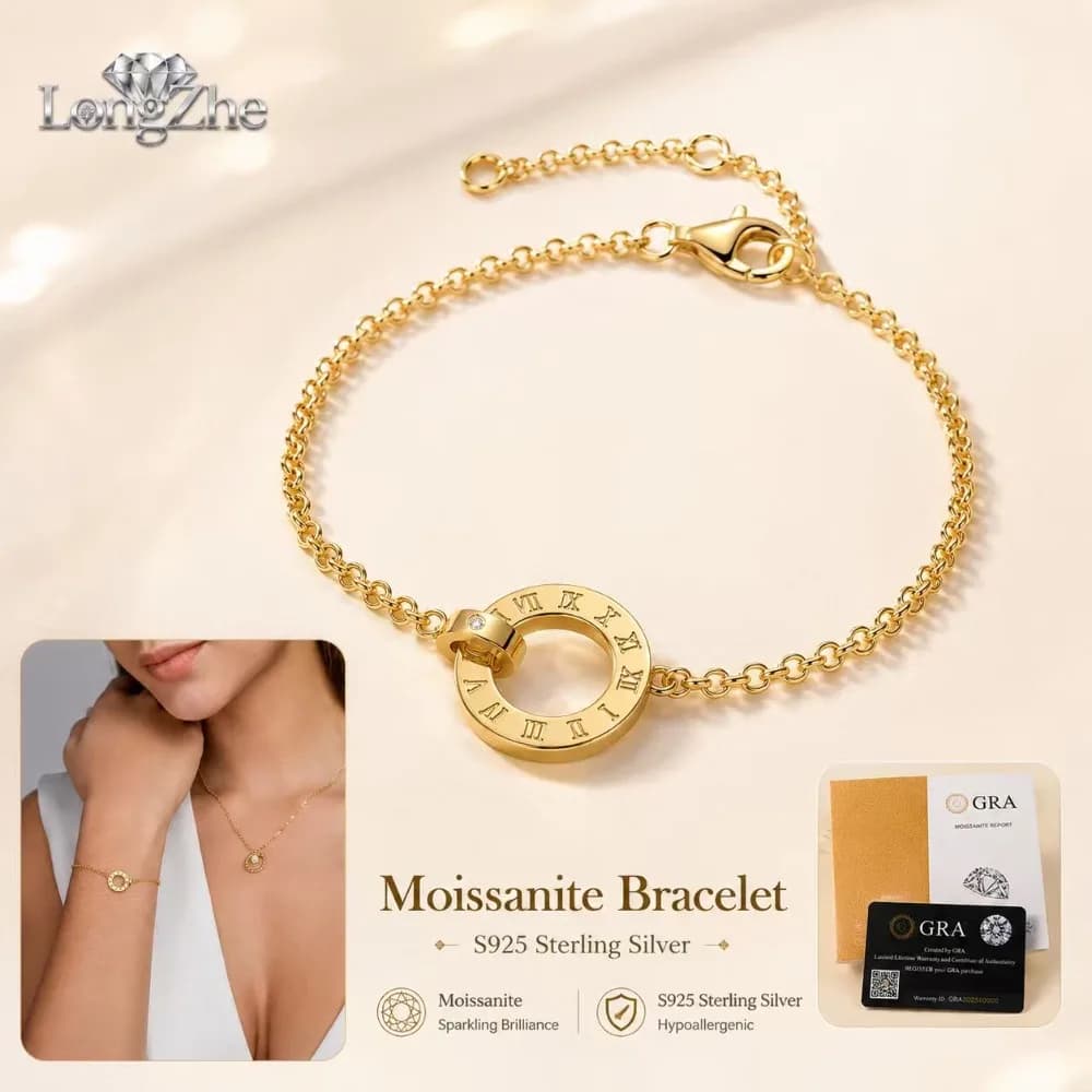 Bracciale in Moissanite per Donne, Argento Sterling S925 Placcato Oro, Catena con Perle da 1CT, 19-21cm, Certificato GRA, Gioiello Raffinato per Feste e Regali