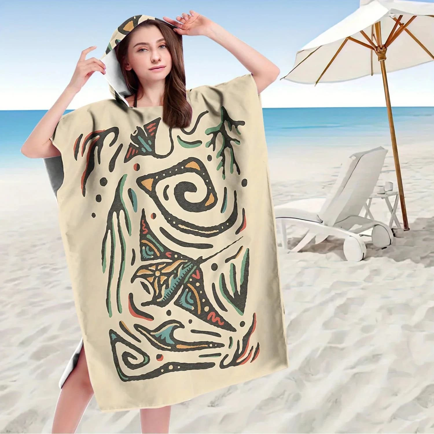 Poncho da Surf ad Asciugatura Rapida con Stampa Tribale Manta Ray, Accappatoio da Spiaggia con Cappuccio in Poliestere, Poncho da Nuoto con Stampa Etnica per Adulti e Bambini