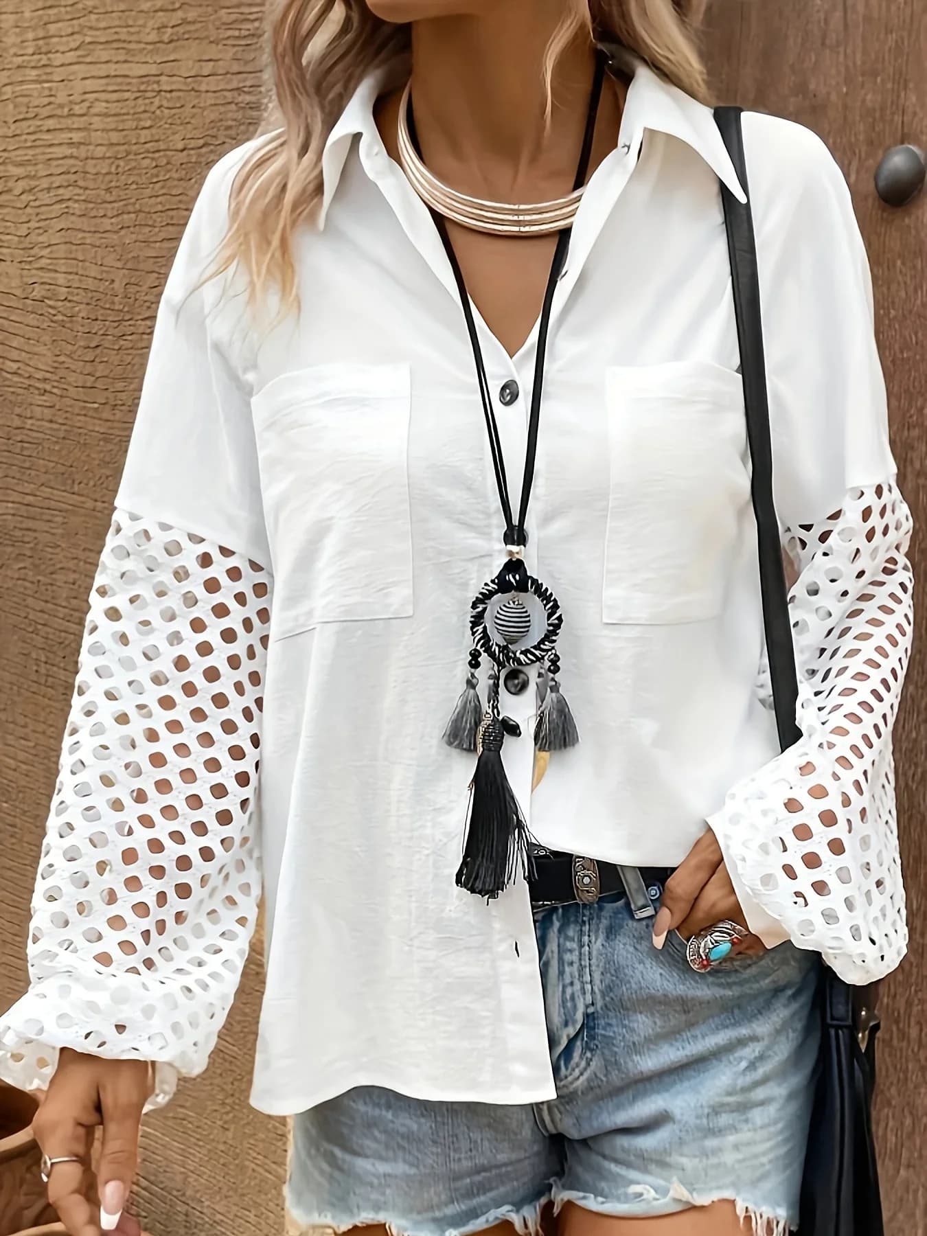 Plus Sizes 1XL-5XL Shirts with Round Solid Color Casual Women's Long Sleeves Spring Summer Women's Top with Pocket Fashion Shirt