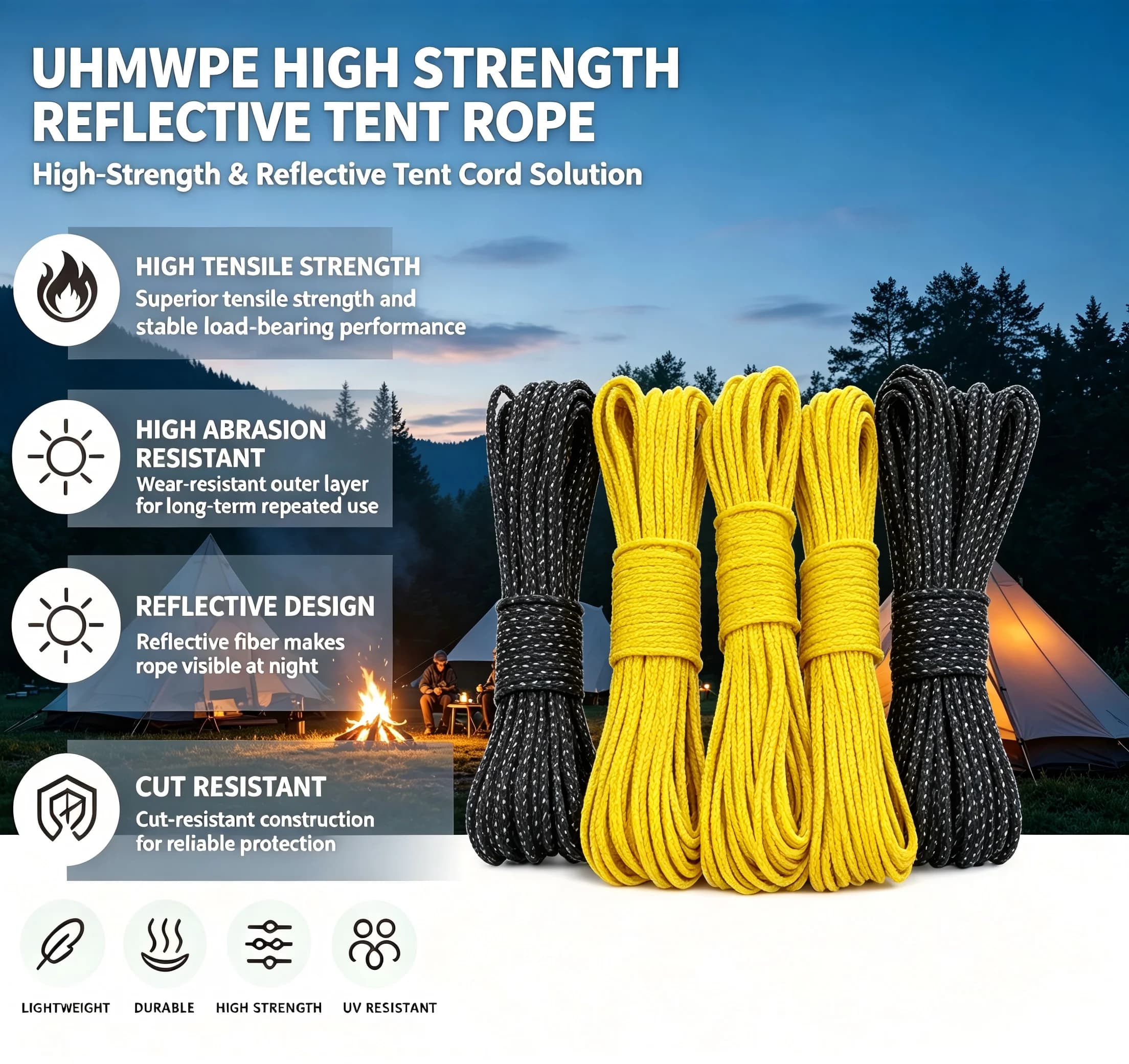 Tkelun Outdoor 2mm 20 Meters Dyneema Reflective Rope Camping Tent Polyester UHMWPE Wind Rope With High Strength
