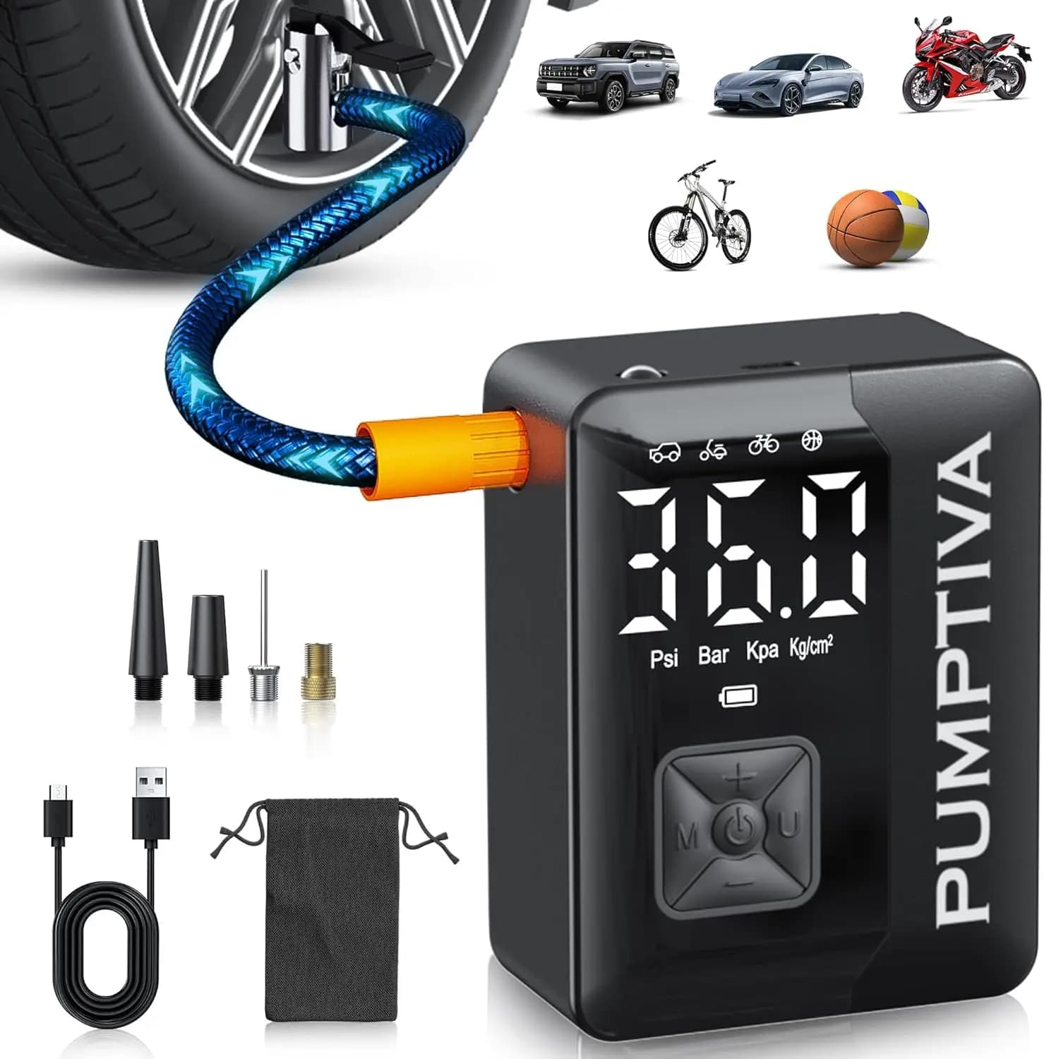 Compressore d'Aria Portatile 150PSI, Gonfiatore Rapido per Auto Moto Bicicletta con Luce LED e Spegnimento Automatico