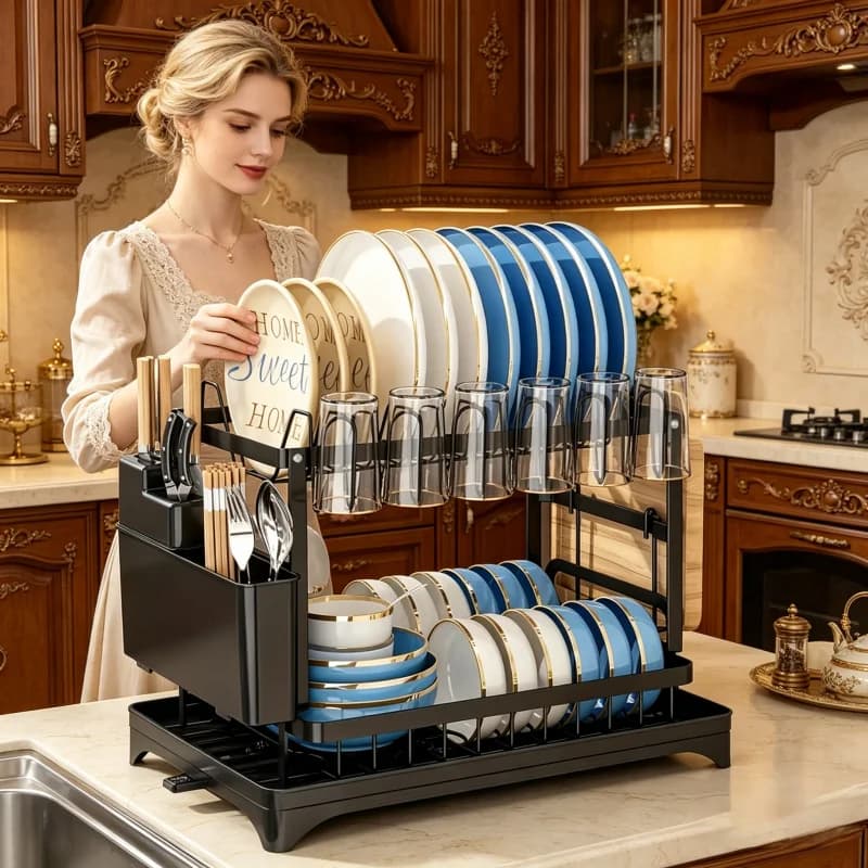 2-Tier Kitchen Countertop Drying Rack – Metal Dish Drainer with Drip Tray, Multifunctional Bowl & Chopsticks Household Storage