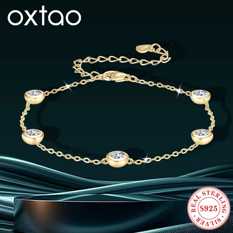 OXTAO Braccialetti a catena sottile per donna Bracciale a cinque pietre con Moissanite certificato placcato in oro bianco 18 carati Gioielli in argento sterling 925