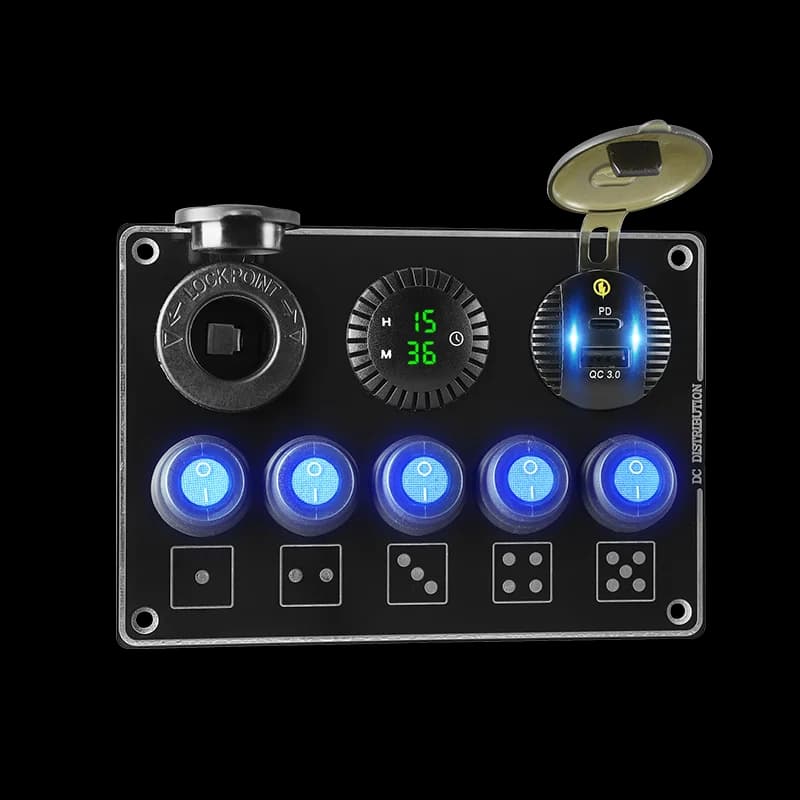 Pannello di Controllo Auto 12V 24V con 5 Interruttori a Bilanciere, Caricatore USB QC3.0, Orologio, per Auto, Camper e Imbarcazioni