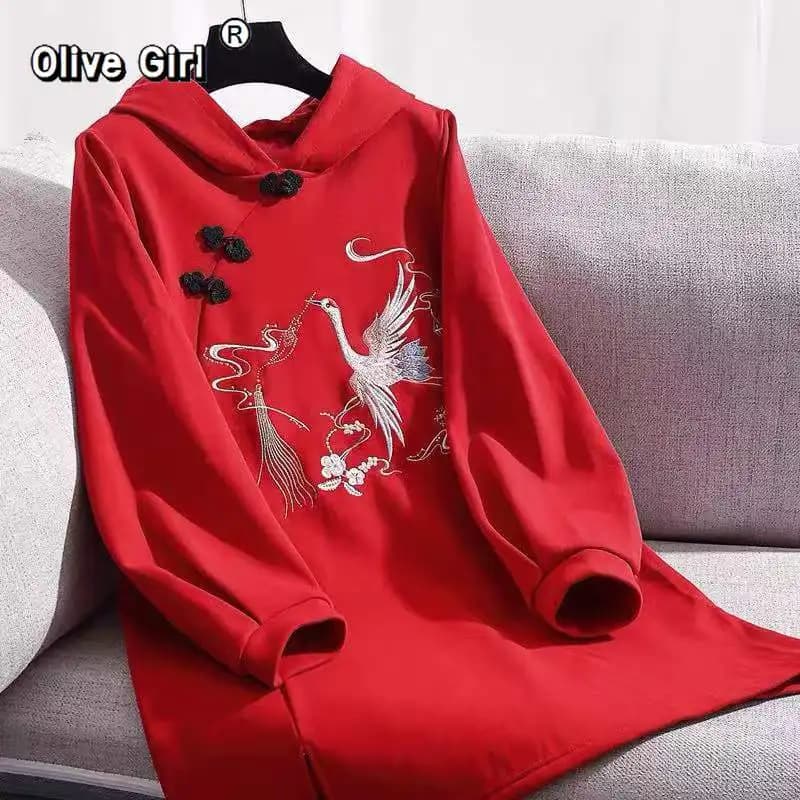 Embroidered Red Hooded Hoodie Improved Hanfu New Year's Clothing 2026 Winter Chinese Thick Velve Women Red Hoodie Dress