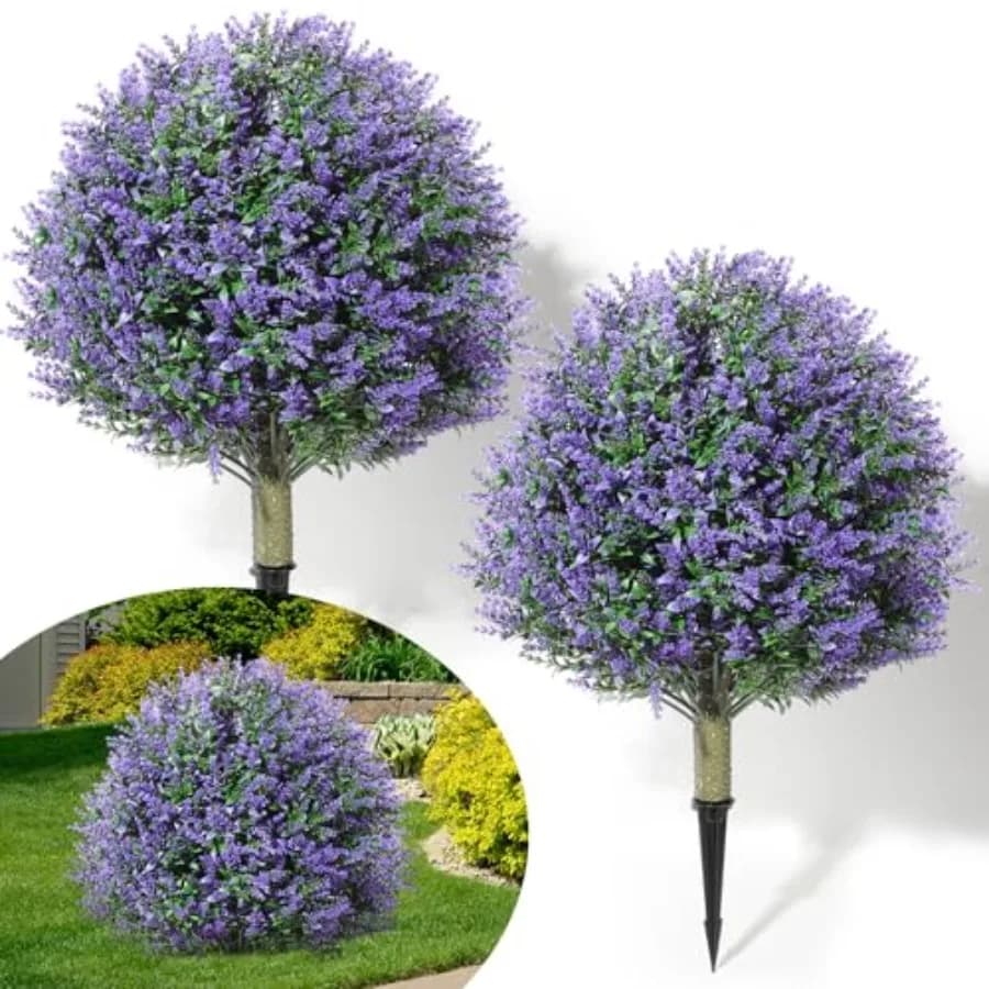 2 Pack 24 Artificial Topiary Ball Plants Trees with Flowers, Outdoor Fake Topiary Plants with Ground Spike, UV Resistant Faux B