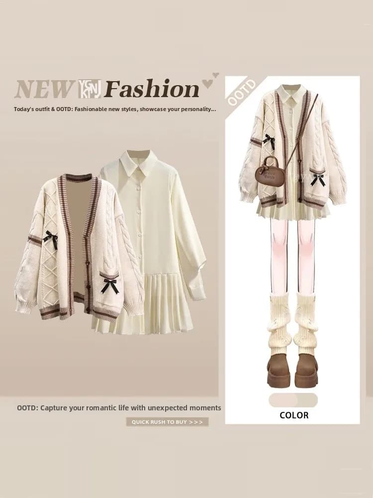 Abito Maglione Lavorato a Maglia con Nodo Unico e Bellissimo, Taglie Forti da Donna, Stile Dolce, Effetto Ringiovanente, Moda Street, Set Due Pezzi