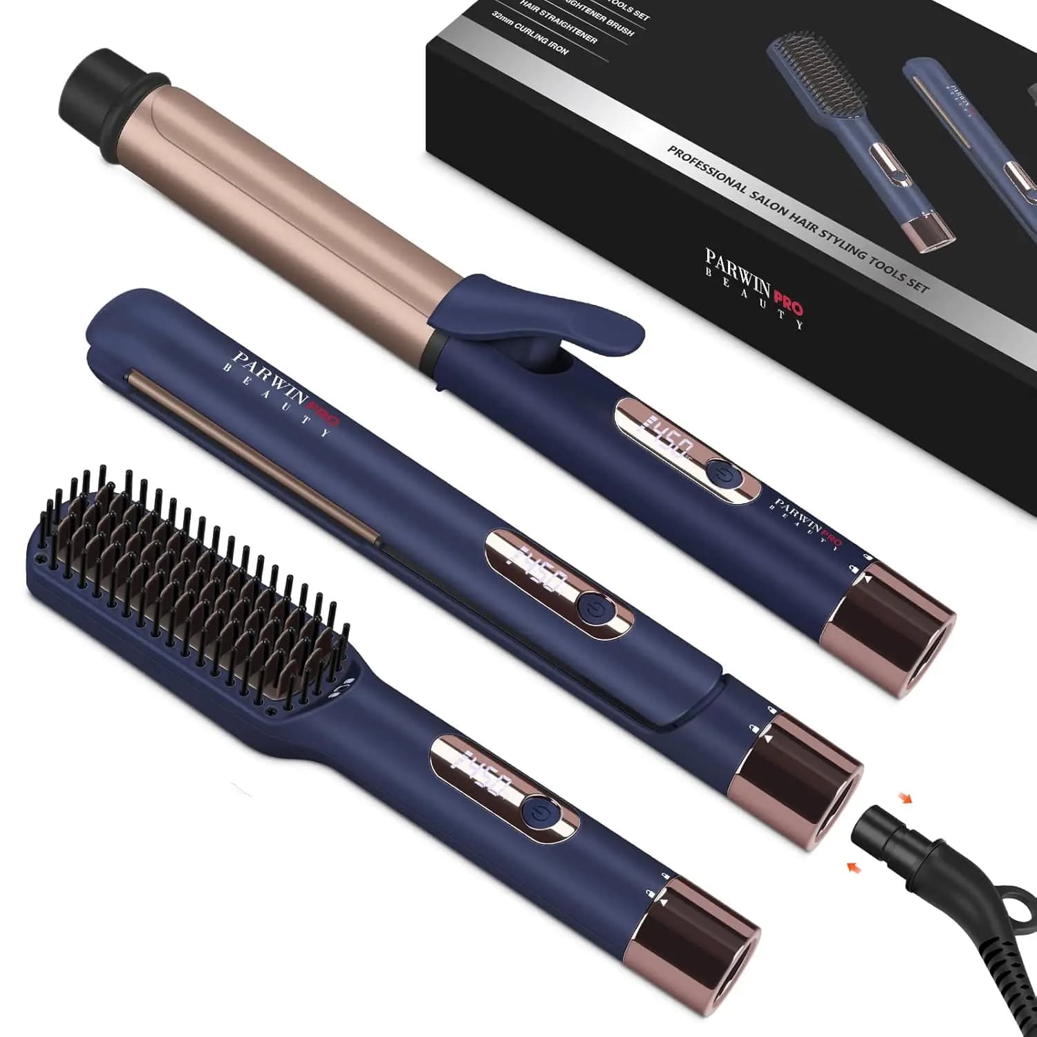 Hair styling set 3 in 1: plate, hair curler and brush with detachable cable, LED temperature control for travel