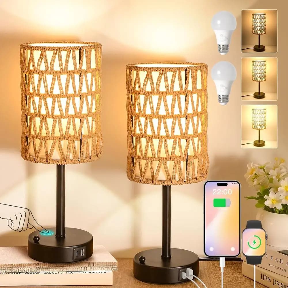 Lampade da Tavolo in Rattan per Soggiorno, Lampade Touch Dimmerabili a 3 Livelli, Piccole Lampade da Comodino con Lampadine LED, Supporto per Telefono, Porte USB e A