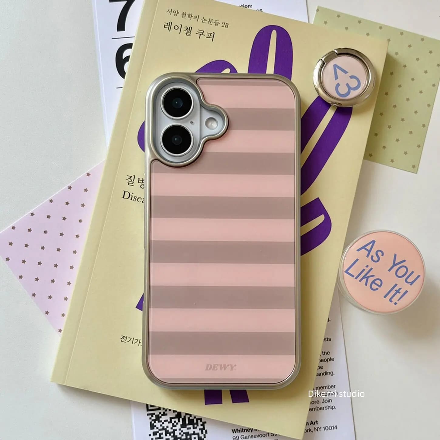 Cover per iPhone 17 Air 16 Pro Max 15 14 Plus 13 12 11 Minimalista Grigio Rosa a Righe con Elettroplaccatura e Colla a Goccia