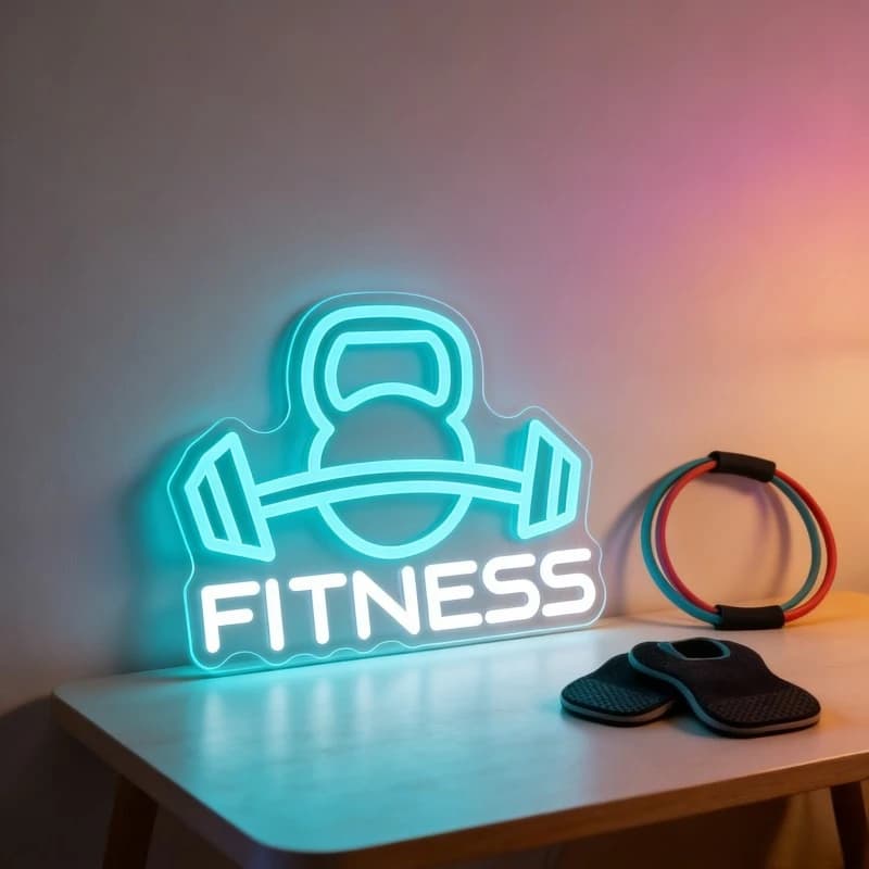 Teach Neon Fitness with Kettlebell Design and Library, LED Wall Art for Gym, Home and Studio Decoration, Educational Lighting for Training