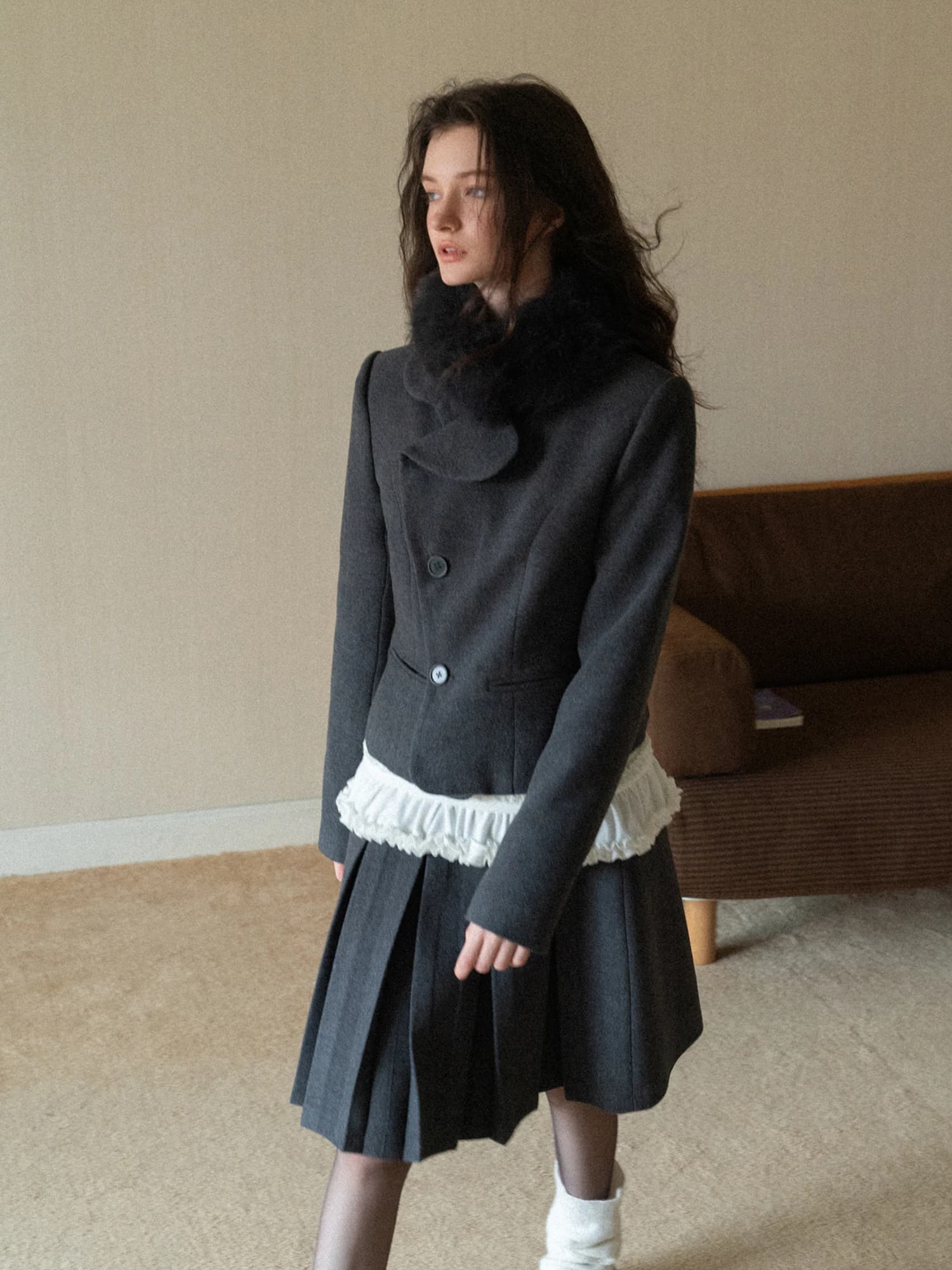 Completo in Lana Stile Coreano Eggka, Gonna a Vita Alta Plissettata Linea A, Giacca Corta in Cotone Grigio Calda per Uso Quotidiano Femminile