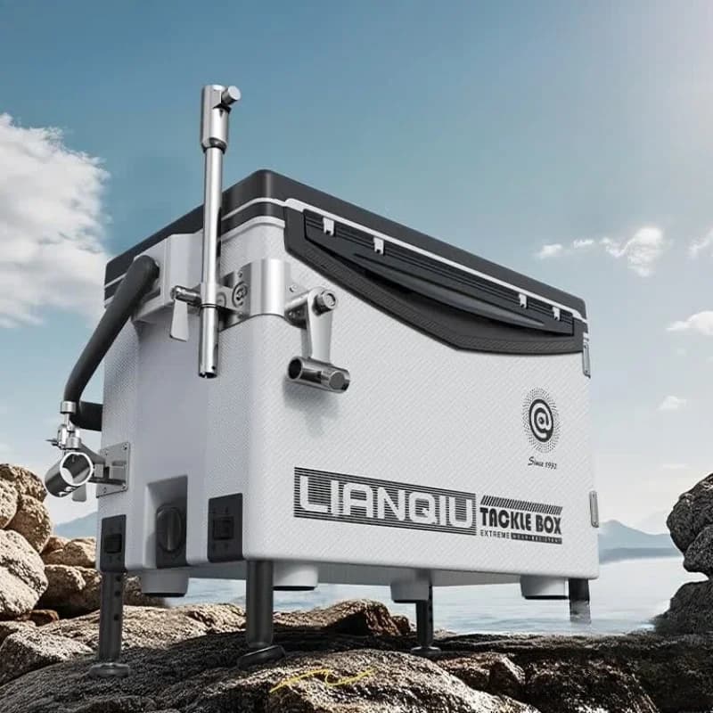 Ultra-Light Fishing Cooler Box with Stainless Corner Guards, Honeycomb Texture Lid, Ready-to-Use Tackle Station for Pole Anglers