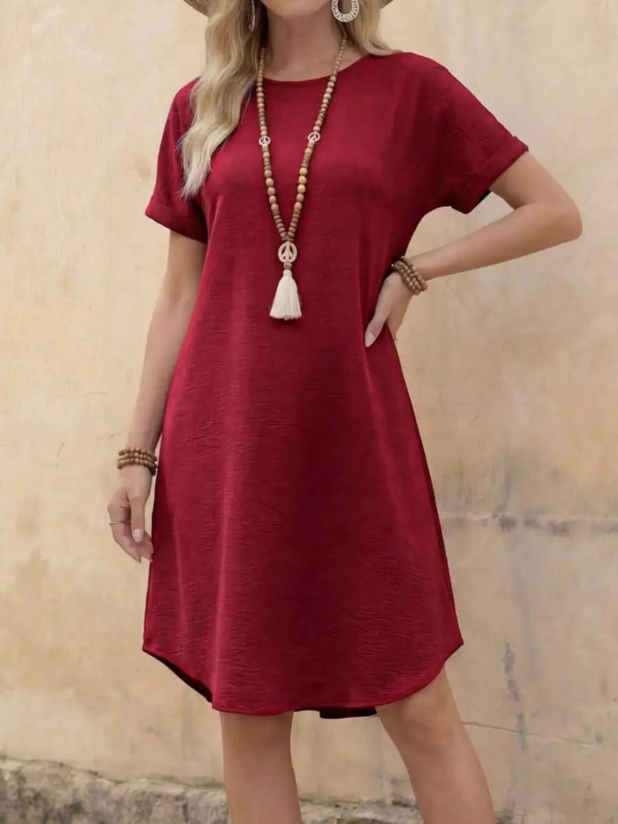 Women Solid Color Short Sleeve A-Line Dress Casual Summer