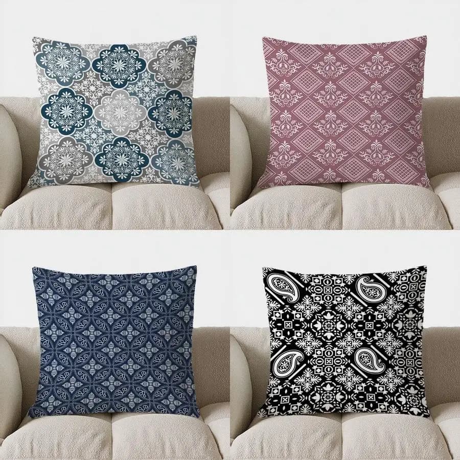 Fodera per cuscino stampata su entrambi i lati con motivo floreale mandala blu e bianco, in peluche corto, adatta per divani del soggiorno.