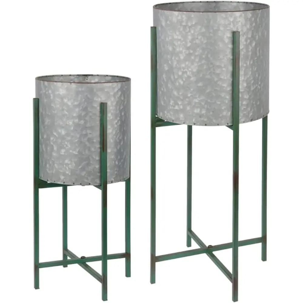 Vintage Zinc Round Metal Plant Pots on Stand, Silver