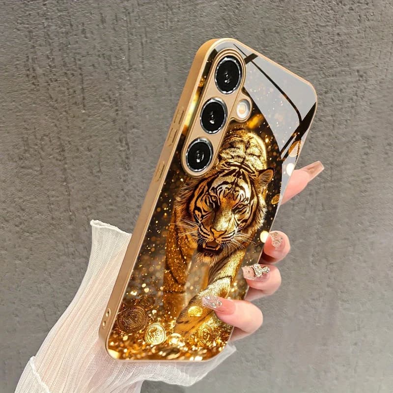 Nuova custodia per telefono placcata in oro per Samsung Galaxy S26 Ultra S25 Plus S24 S23 S22 FE, in vetro temperato con motivi artistici a trama.