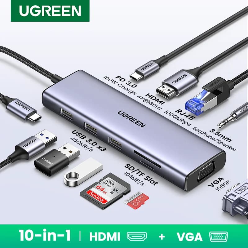 UGREEN USB HUB Type-C to 4K HDMI VGA RJ45 PD100W Splitter USB3.0 SD and 3.5 mm TF for MacBook Laptop Steam Deck Docking Station USB-C