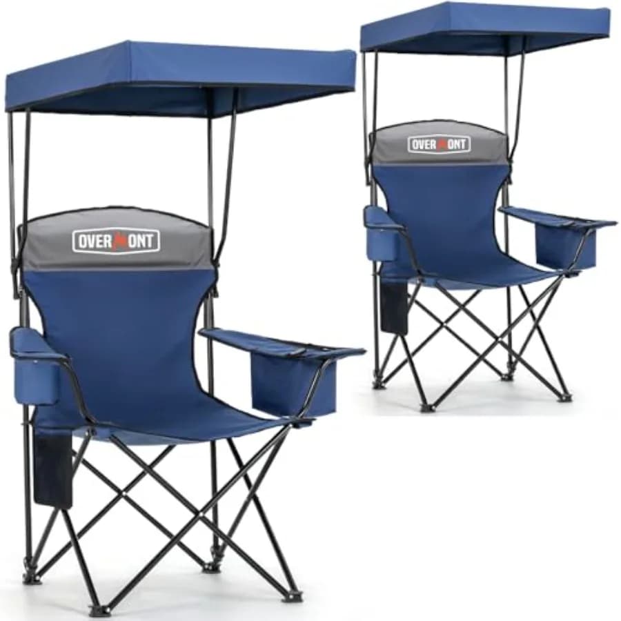2 Sedie da Campeggio con Tettuccio Parasole e Borsa Termica - Sedia da Spiaggia Pieghevole Oversize con Schienale Alto e Portabicchieri Grande - Portatile