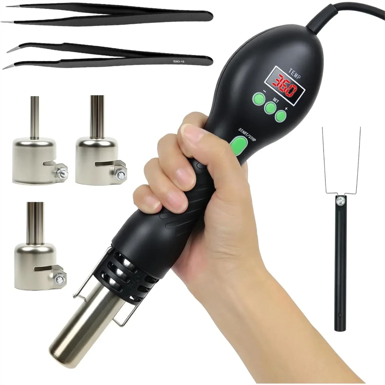 Stazione di Rilavorazione ad Aria Calda 500 ° C 932 ° Pistola Termica per Saldatura a Riscaldamento Rapido con Flusso d'Aria Regolabile per Riparazione PCB SMD, Riparazione USB-C, Saldatura Plastica, Progetti Fai-da-Te di Elettronica