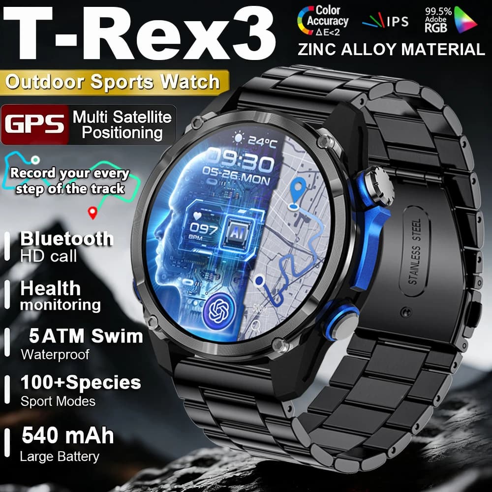 New T-Rex3 Pro GPS path 530mAh Battery Smart Watch 5ATM Waterproof Sports Run tracker Outdoors Compass Military Smartwatch 2026