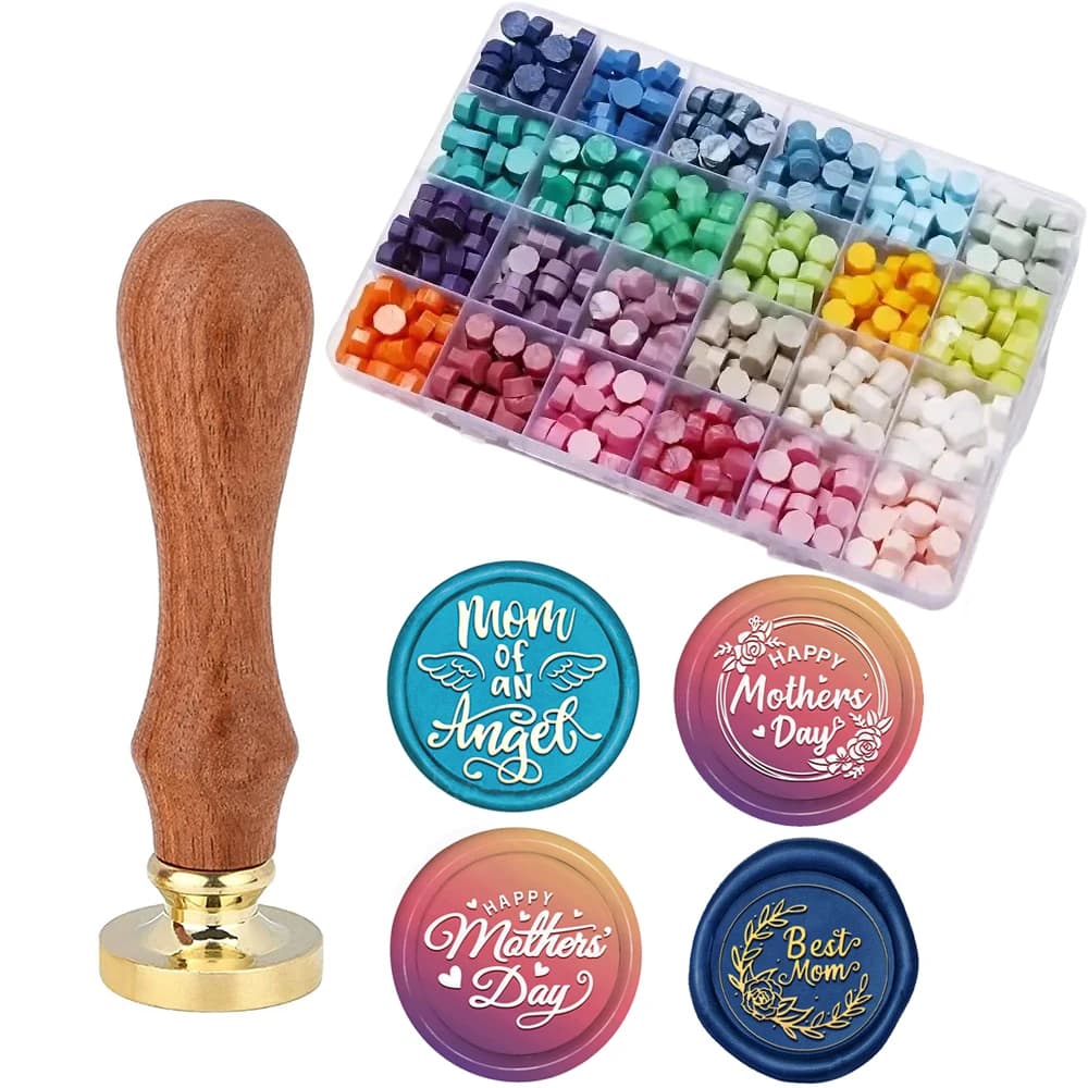 Wax Seal Kit, Premium Wax Seal Stamp Kit with 24 Colors 624 Pcs Beads, 4pcs Wax seal Stamp and Wooden Handle for Wedding Invitat