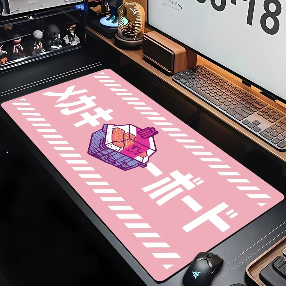 Tappetino per mouse XXL Tappeto per ufficio Gioco Tappetino per tastiera con bordo sutura Sushi Art Design Laptop Elemento giapponese Tappetino per mouse Anime Rosa