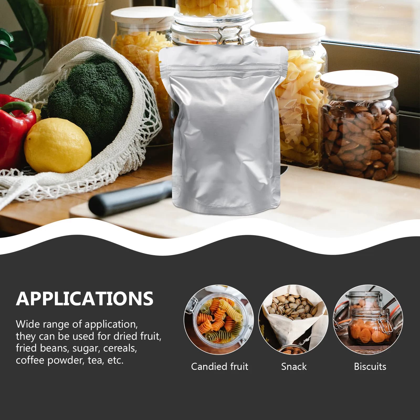 30Pcs Self Standing Food Storage Pouches with Strong Zipper Seal for Dried Fruit Fried Beans Cereals Coffee Tea Spice Packaging