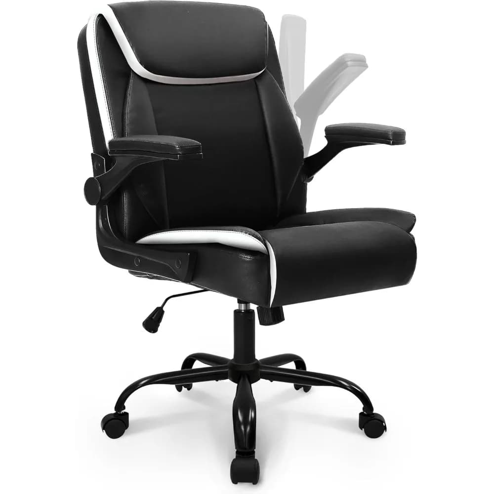 Ergonomic Mid-Back Leather Desk Chair with Adjustable Flip-Up Arms Cushion Wheels Swivel for Home Study Task Black White