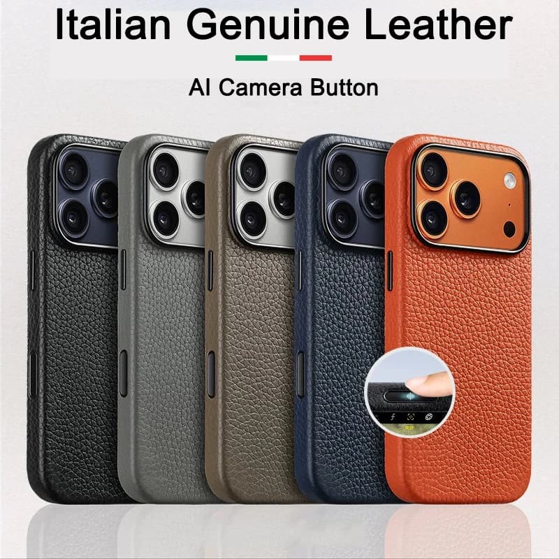 Custodia in vera pelle di vacchetta italiana per iPhone 17 Pro Max 17Pro con custodia protettiva MagSafe per ricarica magnetica con pulsante fotocamera