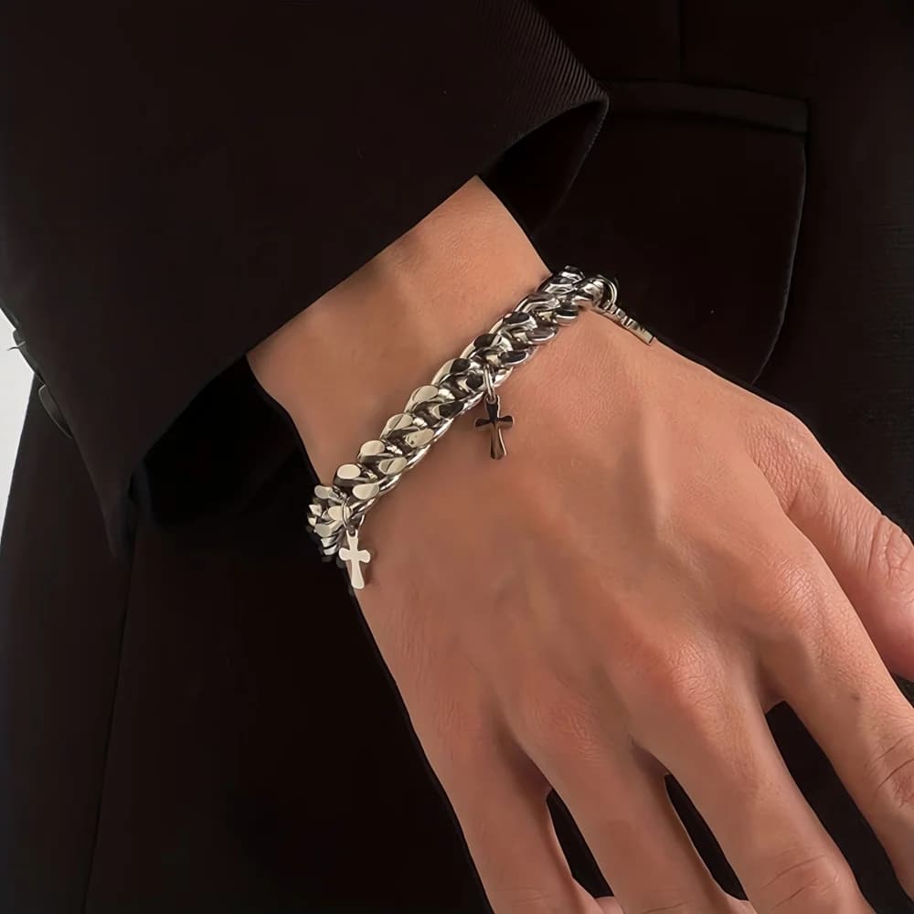 Bracciale da uomo con catena cubana grezza Hip Hop Bracciale con nappa incrociata in acciaio inossidabile color argento Accessori per gioielli alla moda