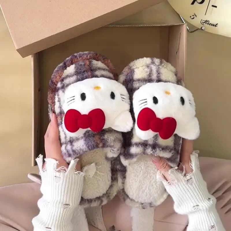 Pantofole in Cotone Peluche Sanrio Kawaii Hello Kitty per Donne, Calzature Morbide Anime Femminili per Autunno e Inverno, Regalo Carino per Ragazze
