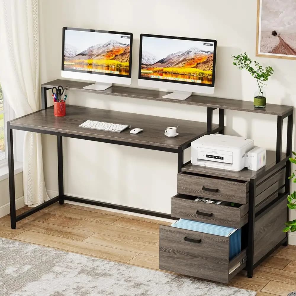 House office 63 ergonomic desk with drawers, monitor and printer space