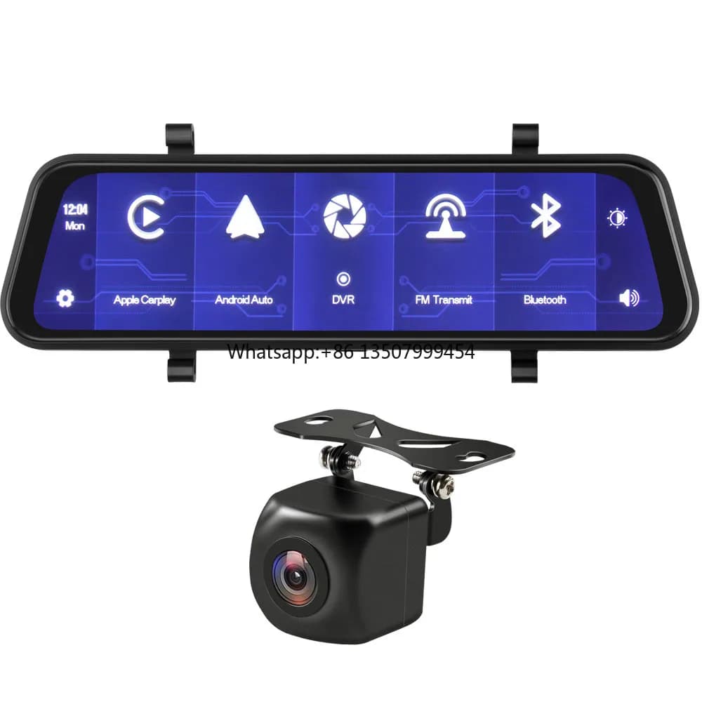 Dual Lenten DVR Mirror 2K FULL HD, Wireless Carplay Interface and Android Auto, IPS Guide Recorder