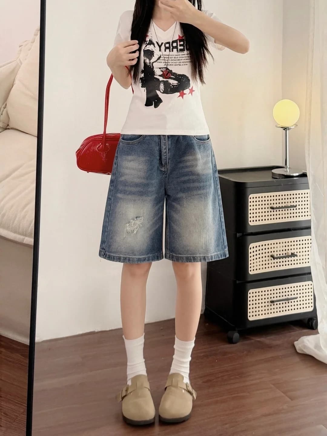 plus Size Denim Shorts Women's Summer 2026 New American Wide Leg Mid-Pants Fat MM Slim Straight Five-Point Pants