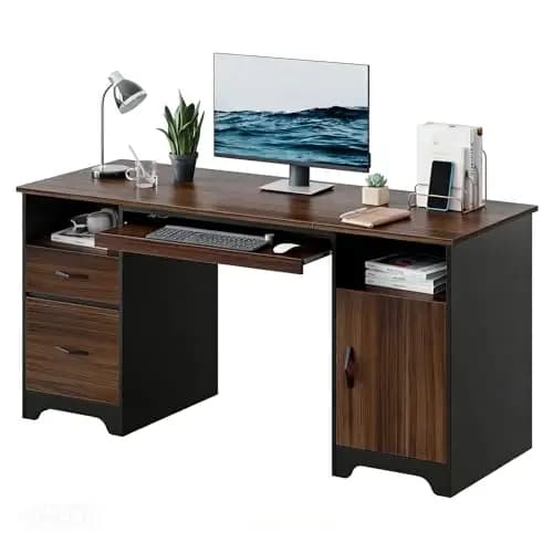 59" Office Desk with File Drawer, Keyboard Tray & 2 Drawers, Cherry | File Drawer For Letter/A4/Legal Folders, 2