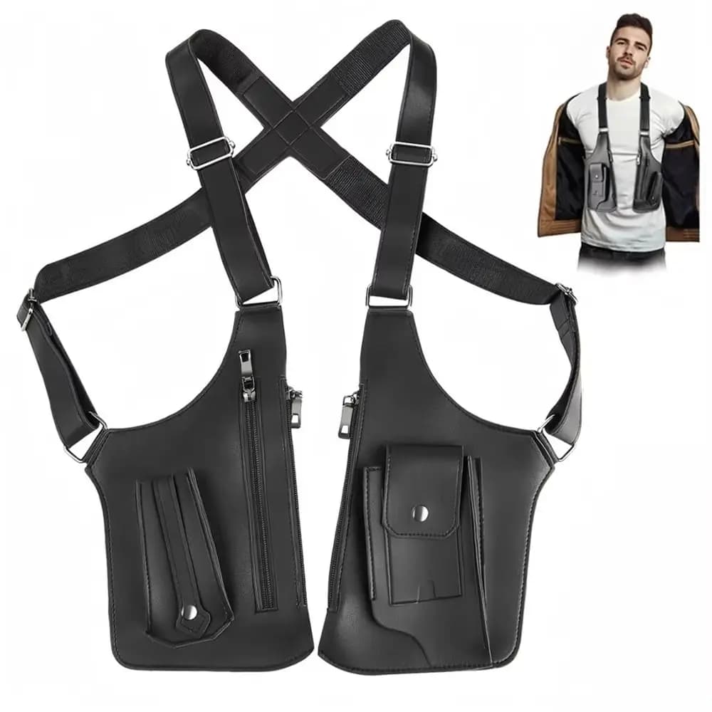 Multi-slip anti-theft shoulder bag in leather, multifunction chest bag, hidden under the arm, for man and woman