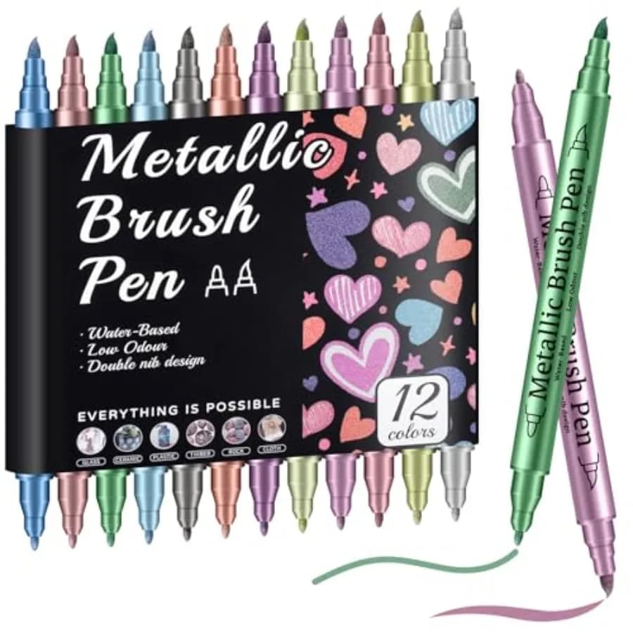 12 Pack Metallic Markers, Dual Tip Metallic Paint Pens, Water Based Acrylic Markers for Black Paper and Rock Painting, Scrapboo
