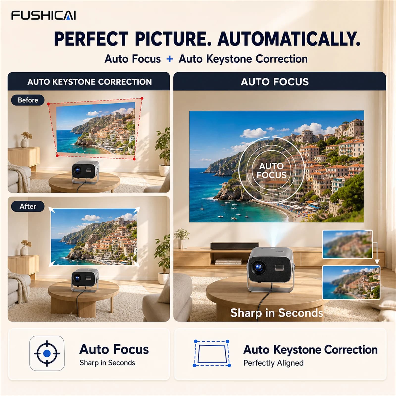 FUSHCAI Home Cinema Projector A10, Portable Outdoor Projector 360°, 900 ANSI, Native Full HD 720P, 4K Support, Android 14 H899,