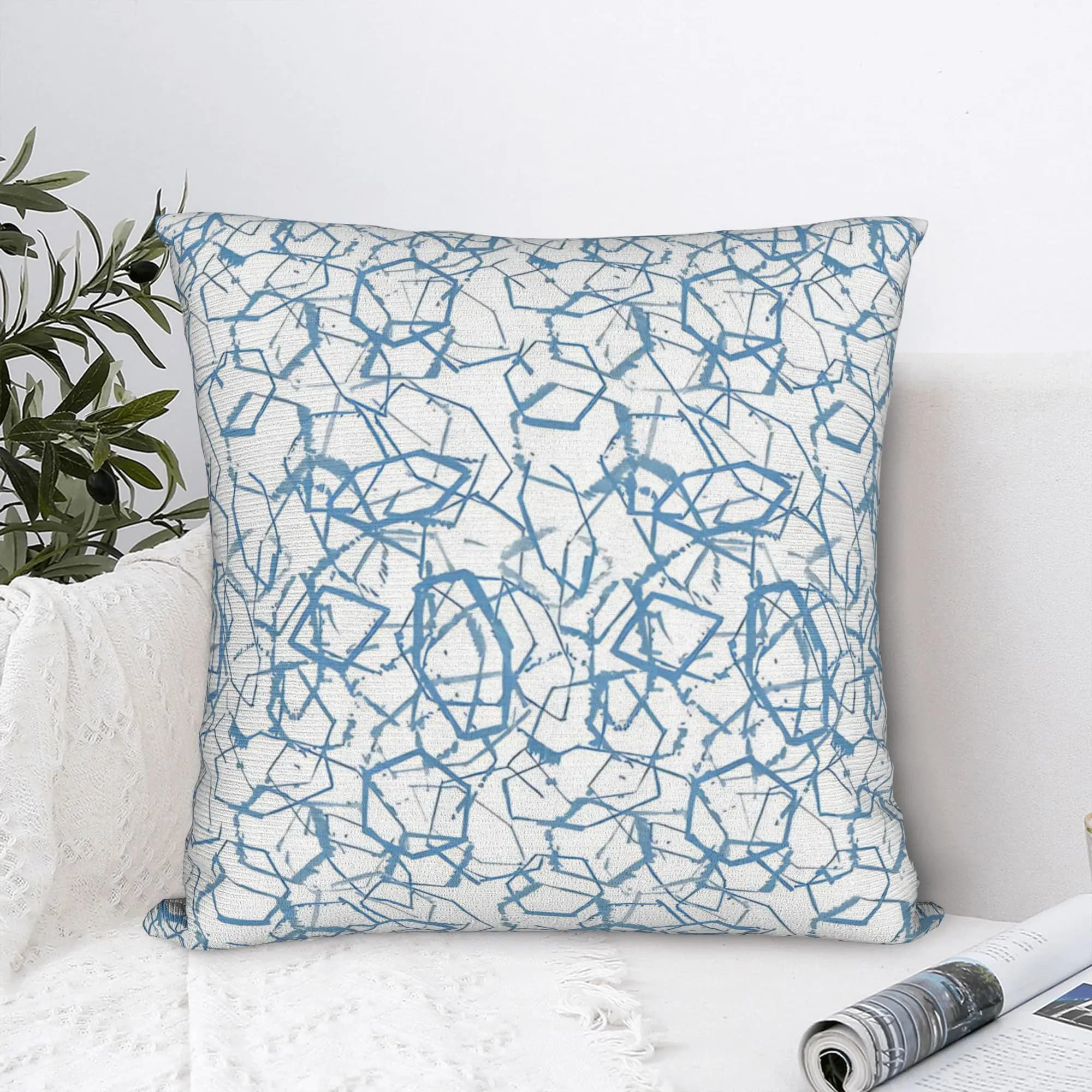 A Faint Geometry - Metallic Blue Throw Pillow Cover Polyester Throw Pillow Geometric Ink Blue Vintage Cushion Covers