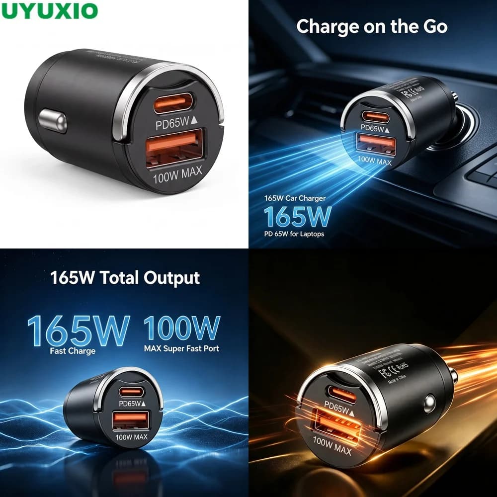 165W Dual Output Car Charger Low Profile Zinc Alloy Design USB C 65W and USB A 100W Dual Charging for Multiple Mobile Devices