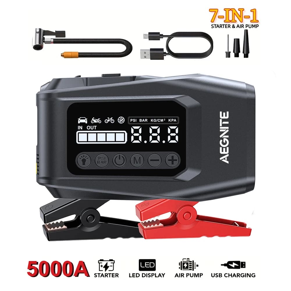 Avviatore di Emergenza Portatile 7-in-1 con Compressore d'Aria, 5000A 150PSI (per Tutti i Motori a Benzina e Diesel 12L), 12V